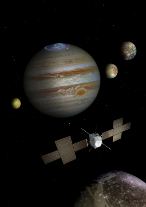 Artist's impression of the JUICE spacecraft in the Jovian System showing Jupiter and its large moons: Ganymede, Europa, Io and Callisto (credit: ESA)